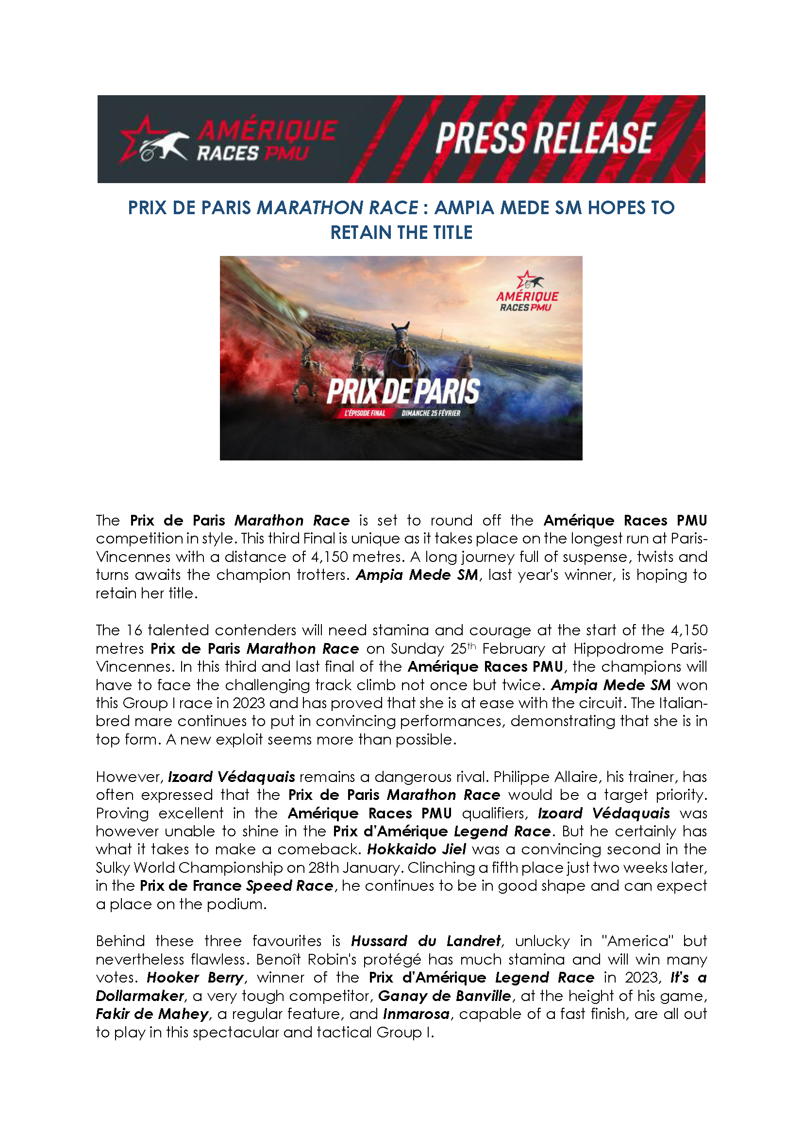 Prix de Paris Marathon Race : Ampia Mede SM hopes to retain the title