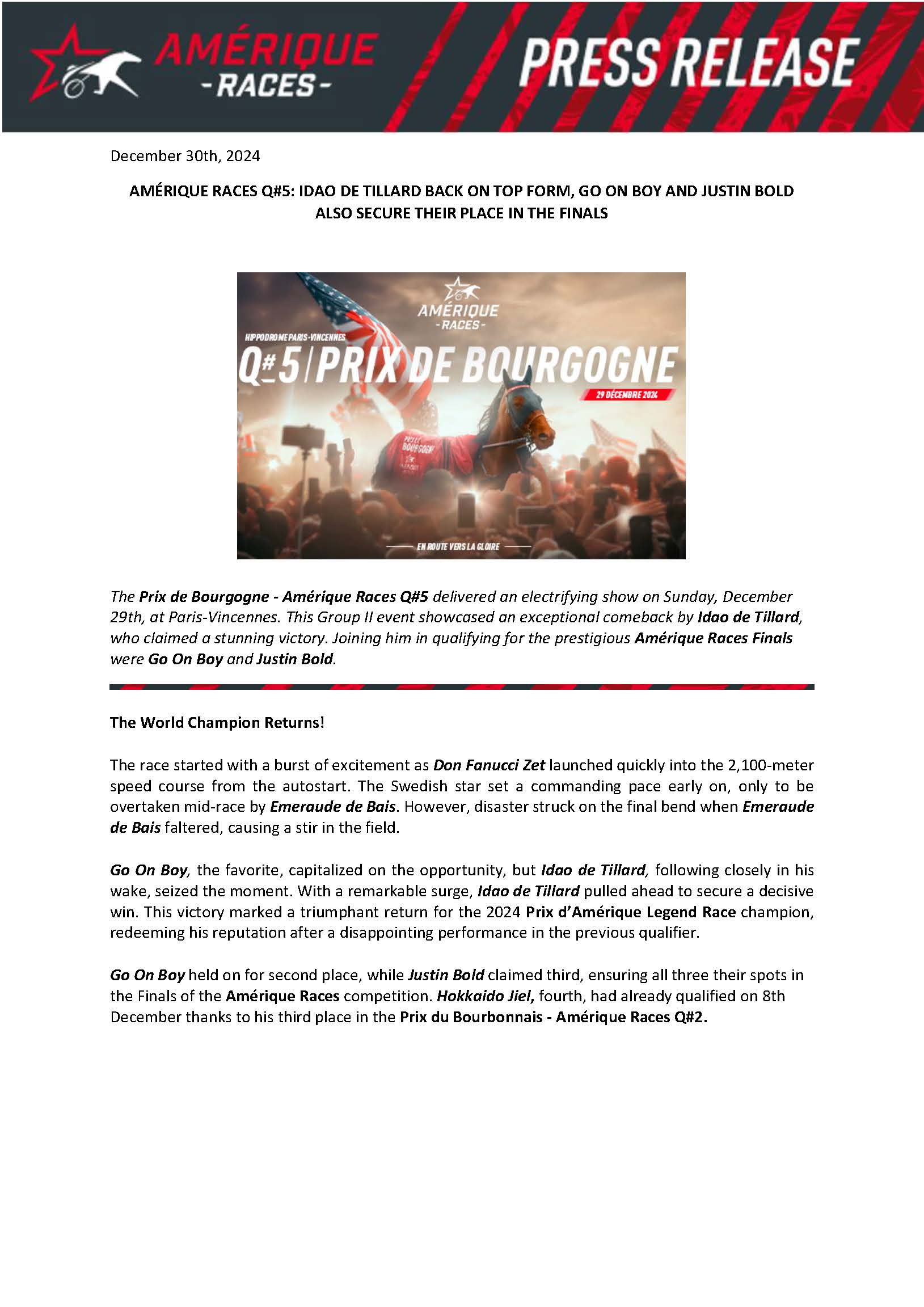 Prix de Bourgogne – Amérique Races Q#5 : Idao de Tillard back on top form, Go On Boy and Justin Bold also secure their place in the finals