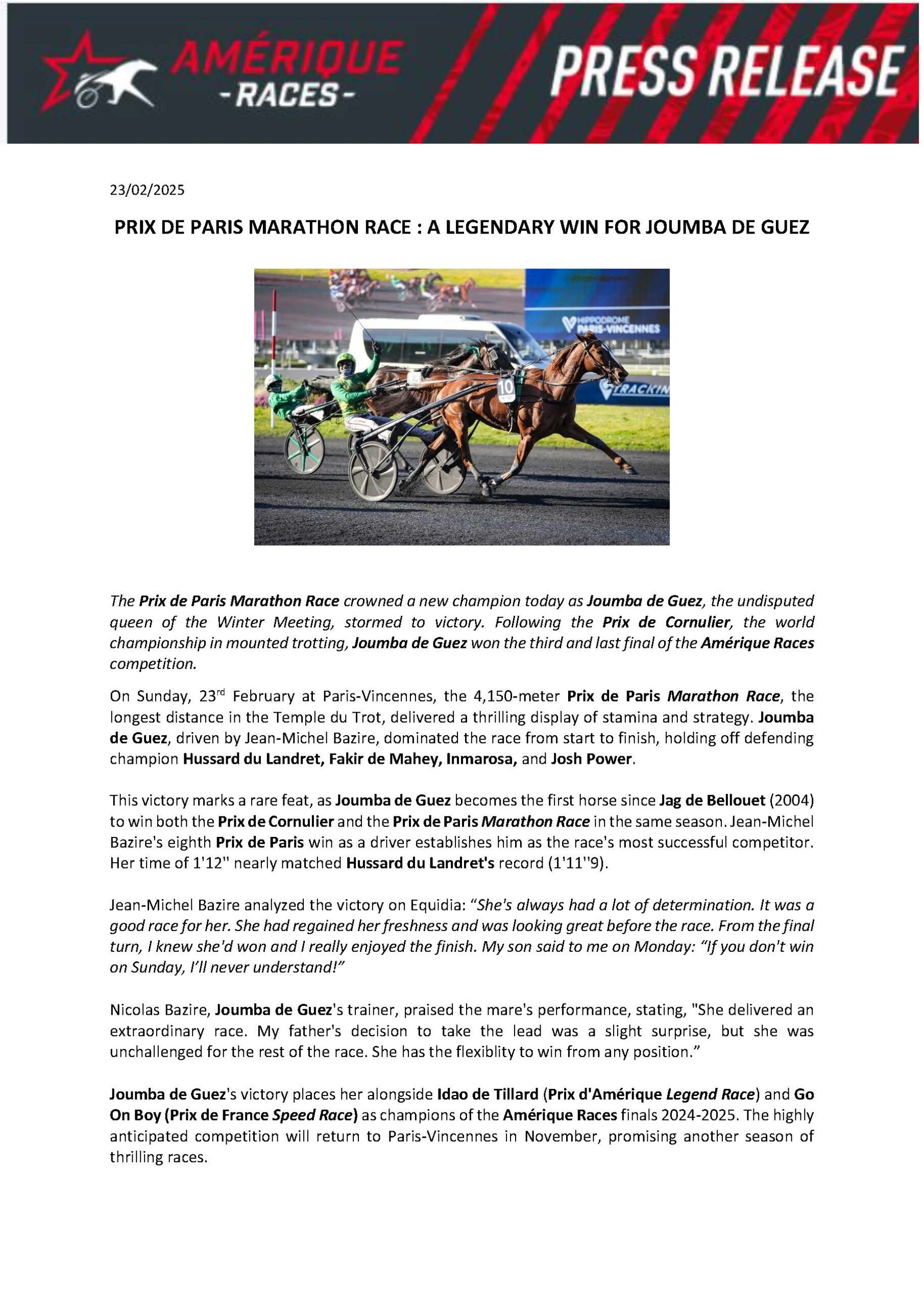 Prix de Paris Marathon Race : a legendary win for Joumba de Guez